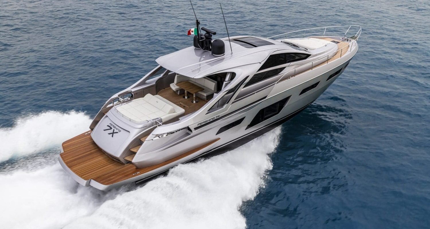 Exterior view of the 72' Pershing yacht, showcasing its sleek design and luxurious features.