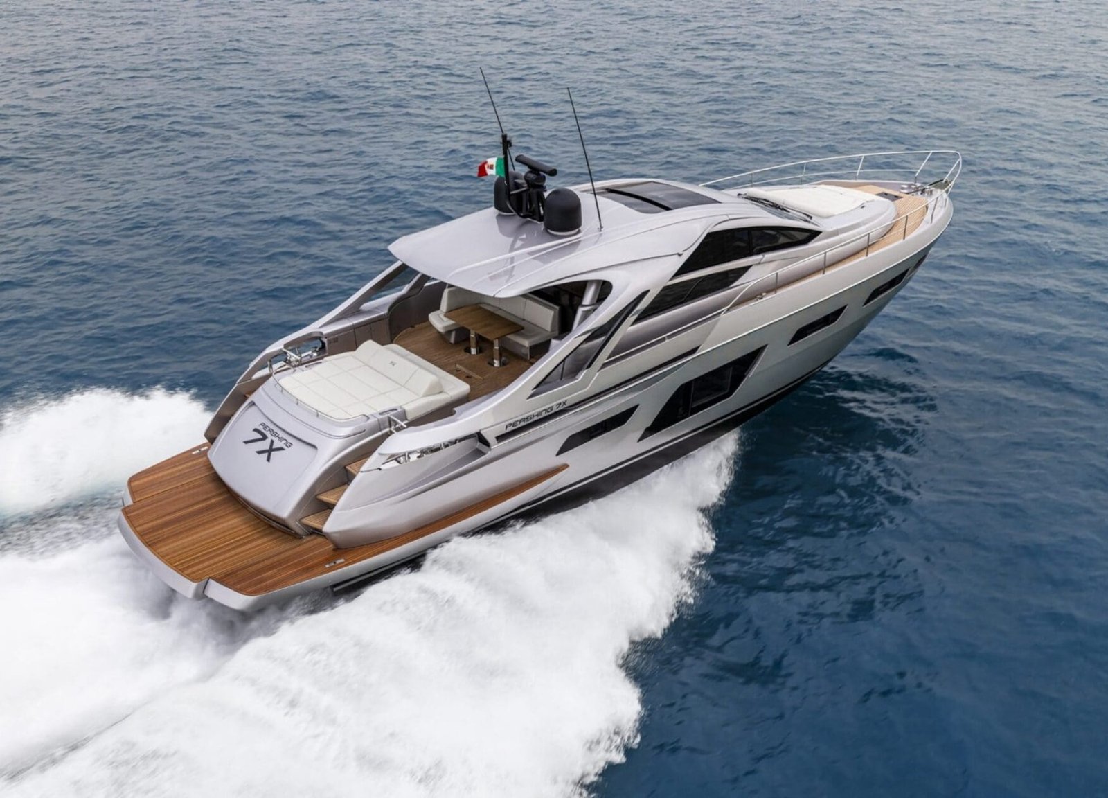 Exterior view of the 72' Pershing yacht, showcasing its sleek design and luxurious features.