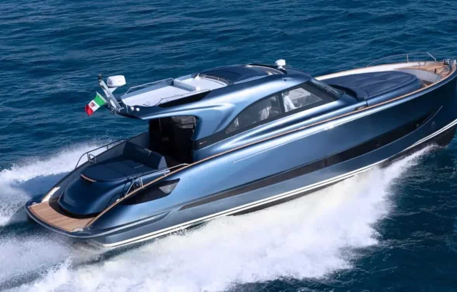 Front view of the 48' Solaris yacht, showcasing its sleek and modern design.