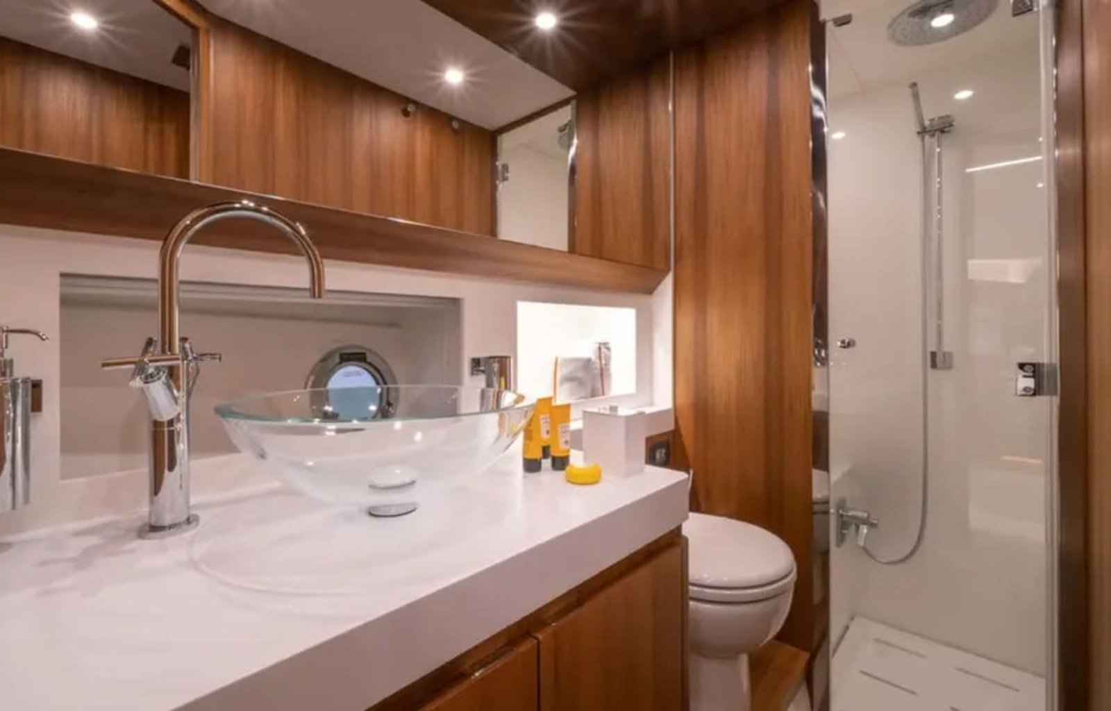 Modern and spacious bathroom on the 48' Solaris yacht with premium amenities.
