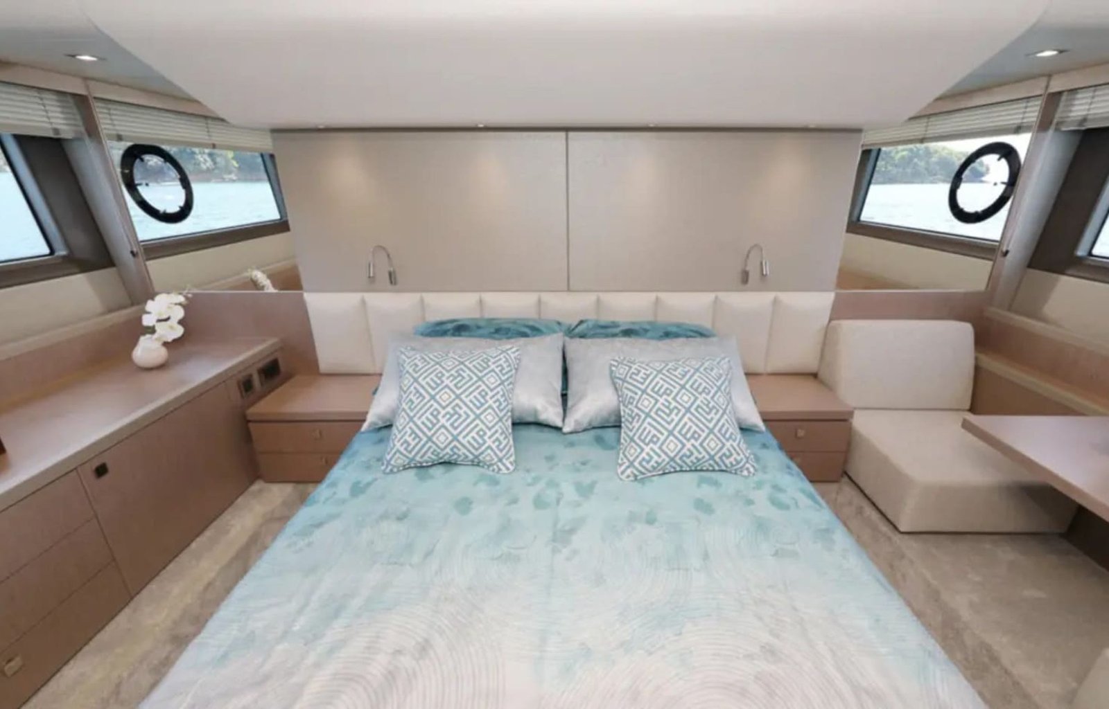 Elegant master bedroom with en-suite bathroom on the yacht