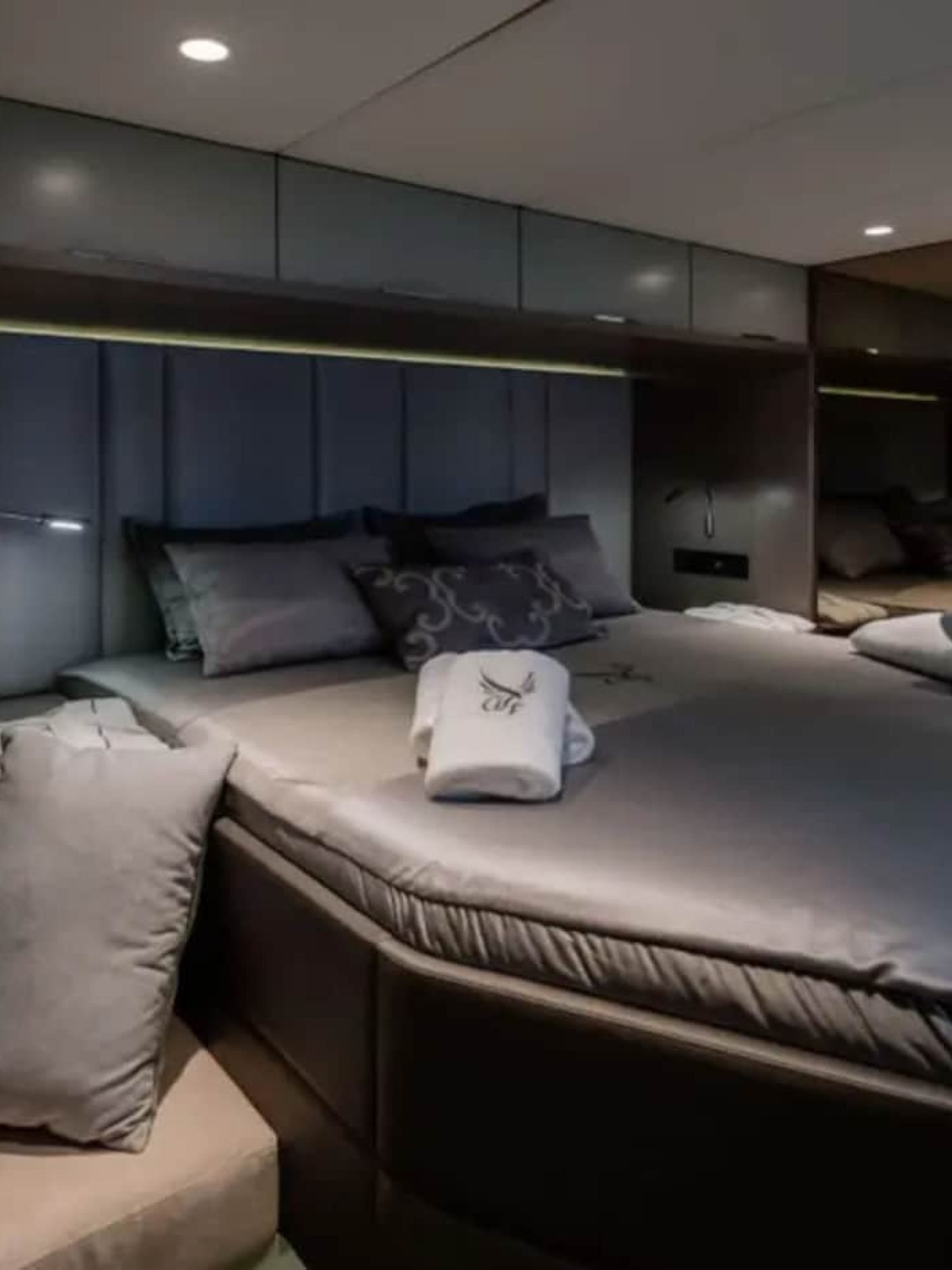 The master bedroom of the Sunreef 60 yacht, designed with comfort and elegance in mind.