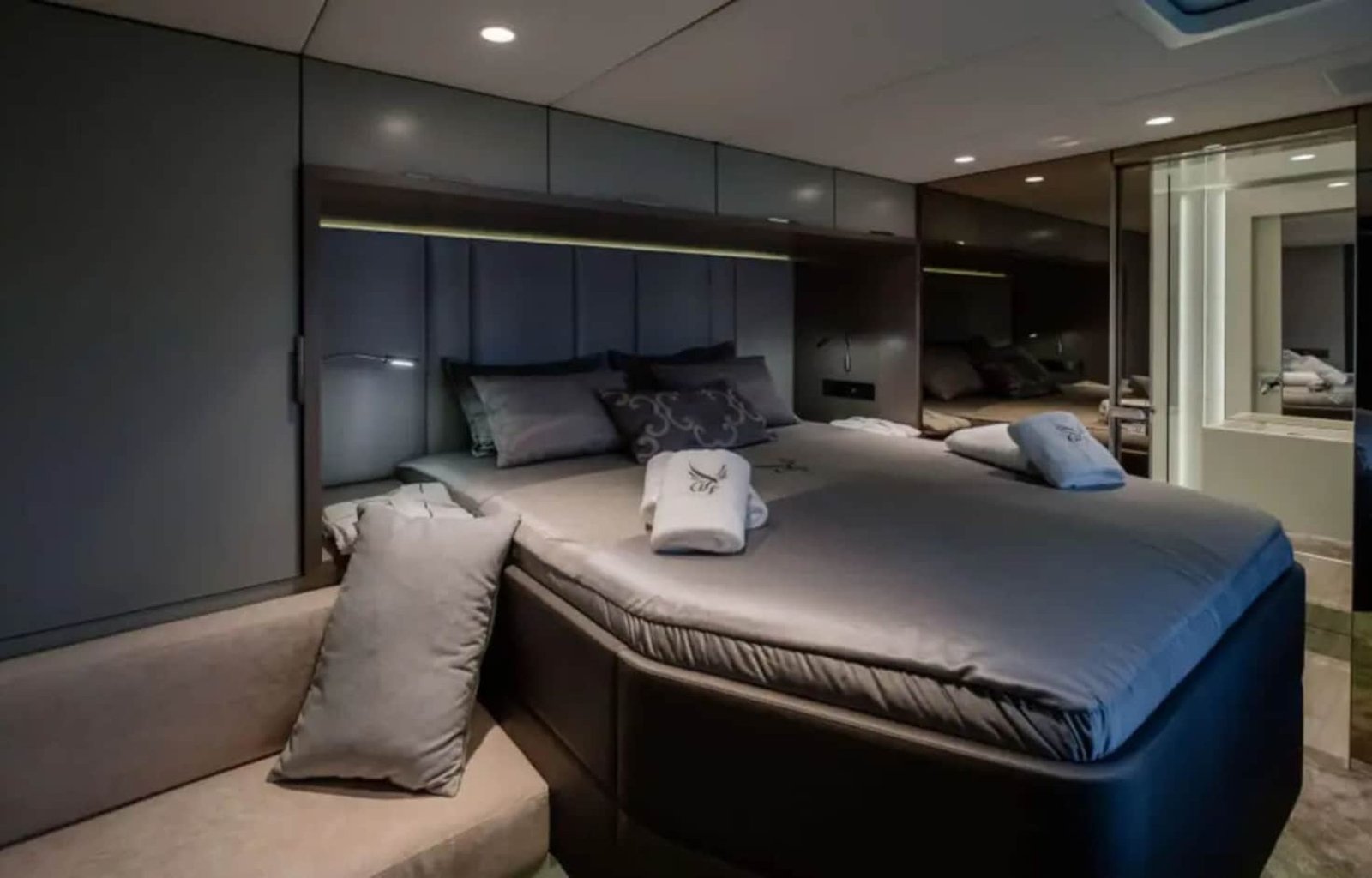 The master bedroom of the Sunreef 60 yacht, designed with comfort and elegance in mind.