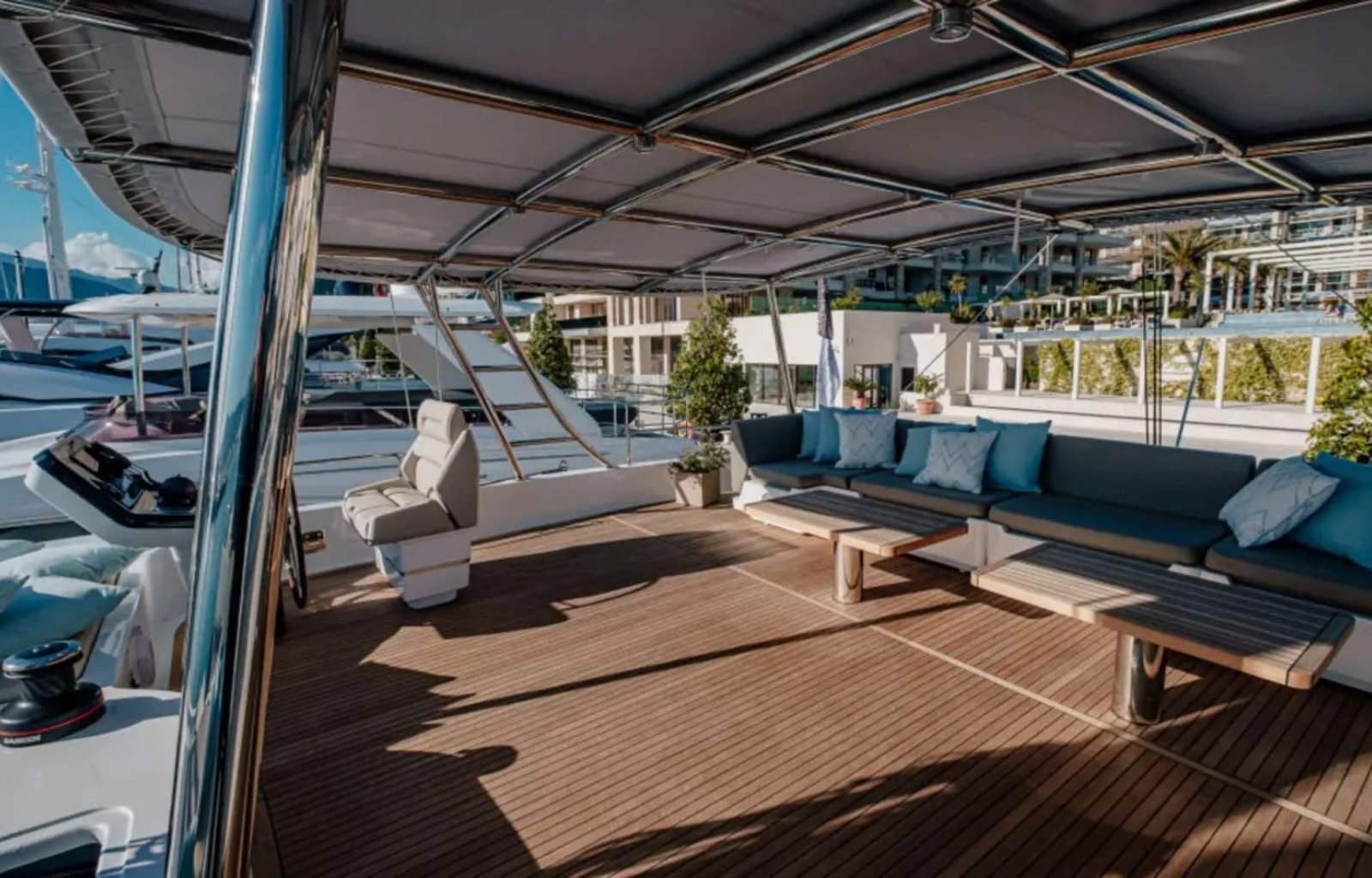 The sophisticated living area of the yacht, featuring premium furniture and a relaxing ambiance.