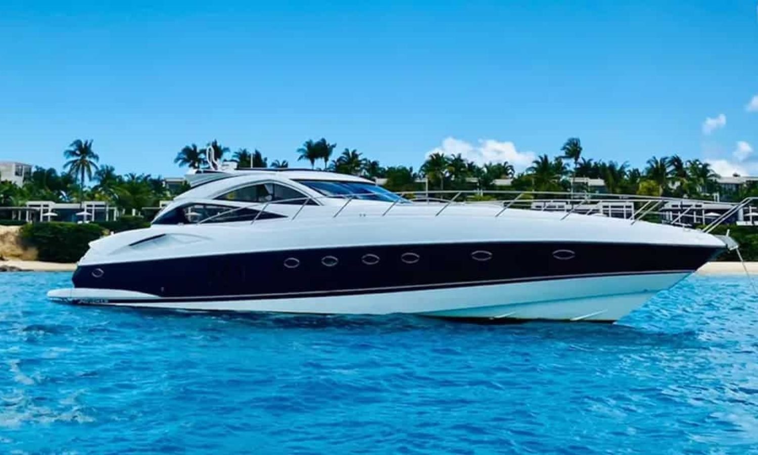 Front view of the 68' Sunseeker Predator yacht showcasing its sleek design and elegant exterior.