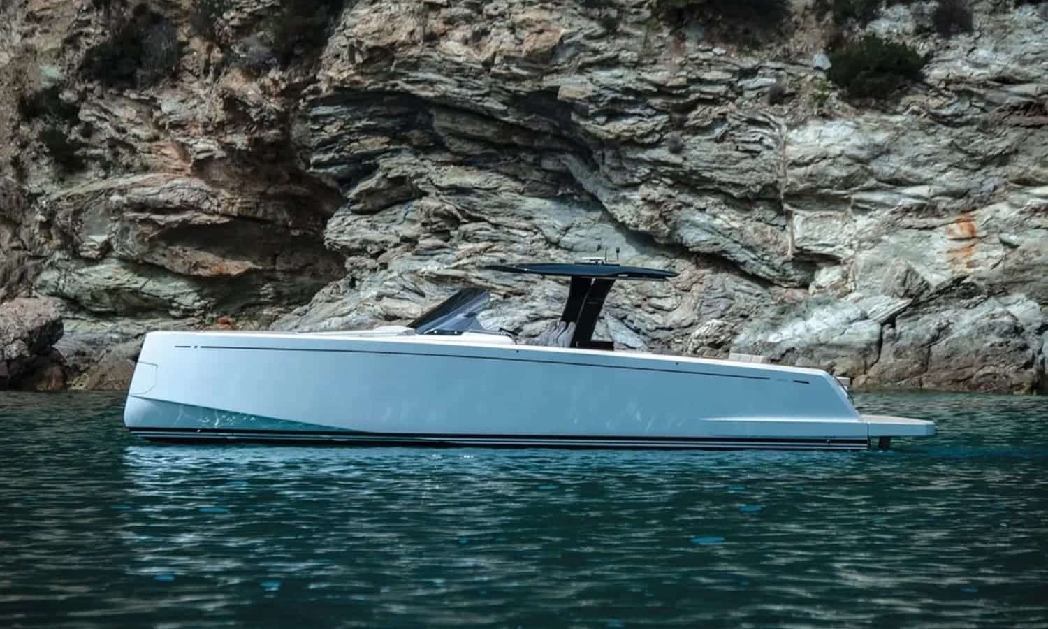 Front view of the yacht, showcasing its sleek and modern design for sale
