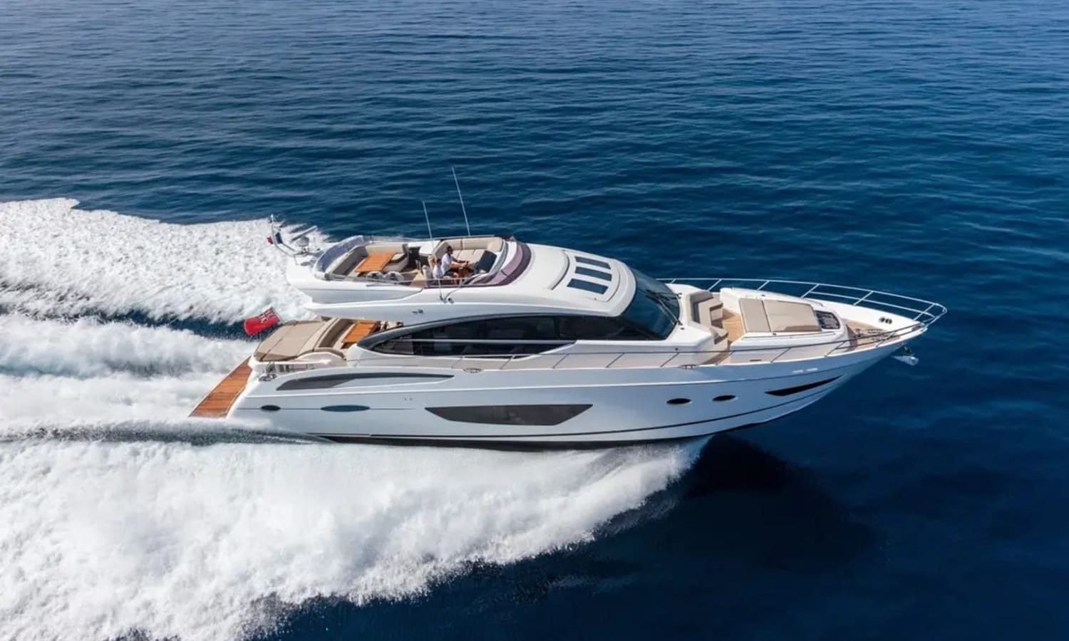 Front view of the 74' Princess Flybridge, a luxury yacht available for charter.