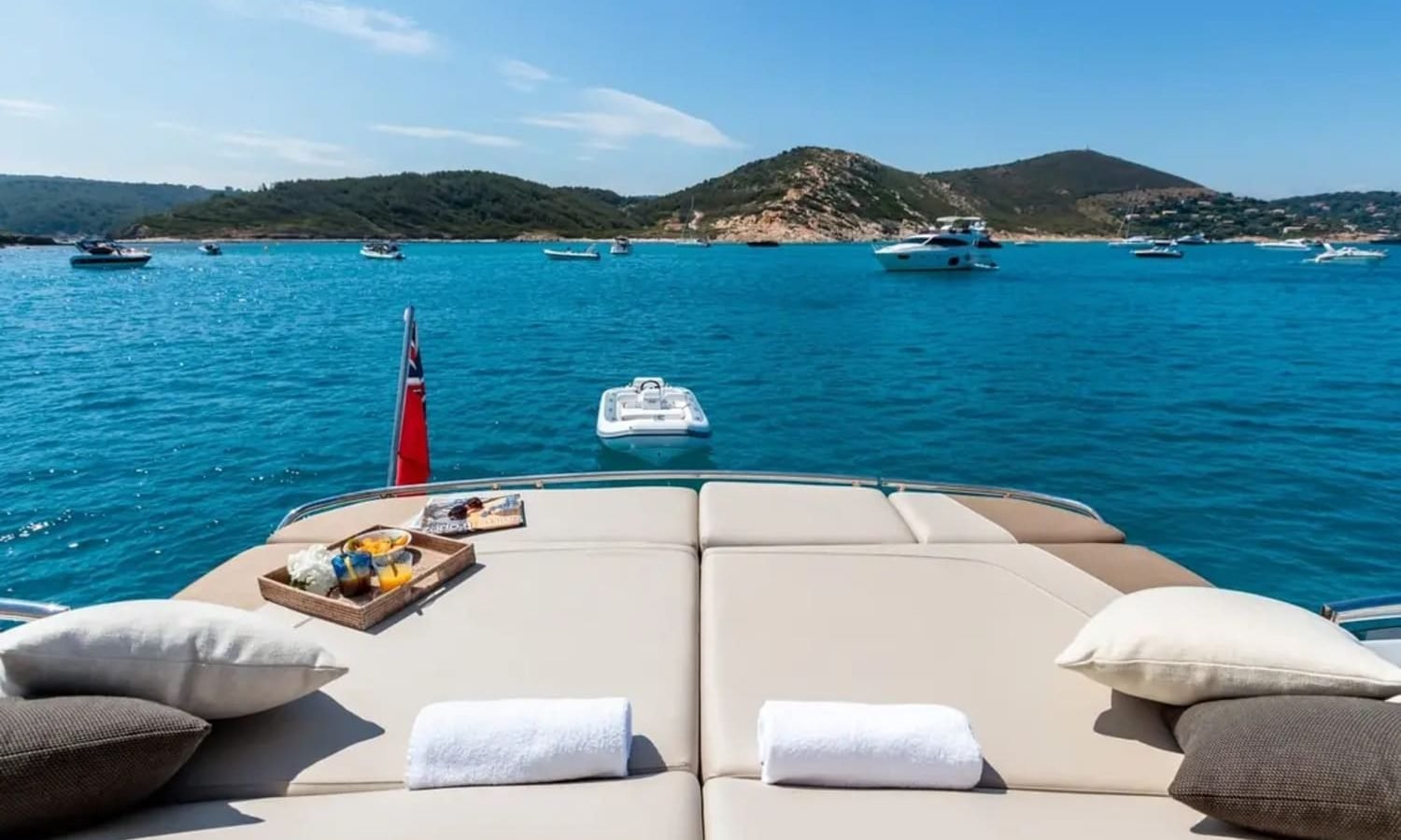 Expansive deck of the 74' Princess Flybridge with ample space for relaxation and entertainment.