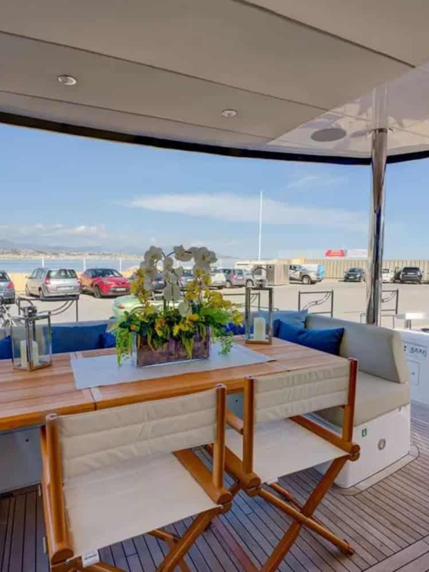 Beautiful outdoor dining area aboard the 78' Sunseeker yacht.