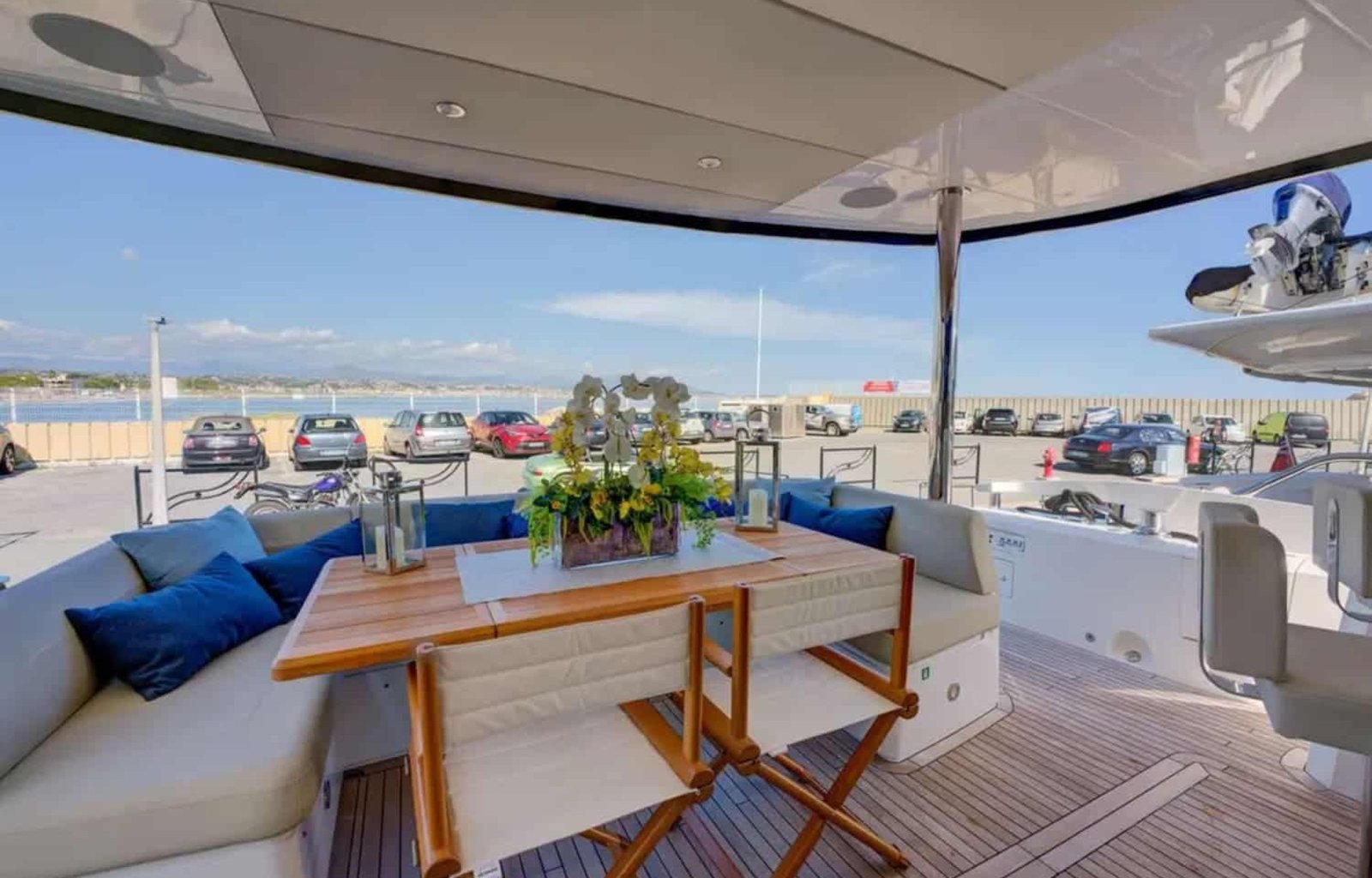 Beautiful outdoor dining area aboard the 78' Sunseeker yacht.