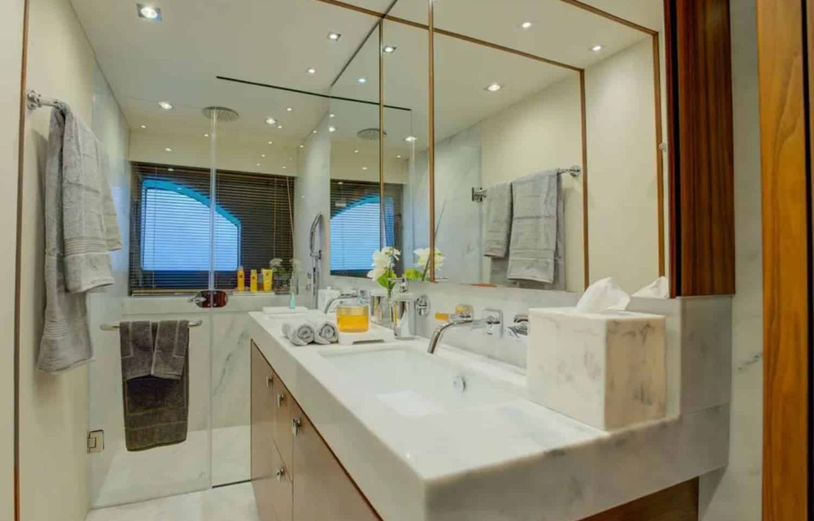 Luxurious and contemporary bathroom onboard the yacht.