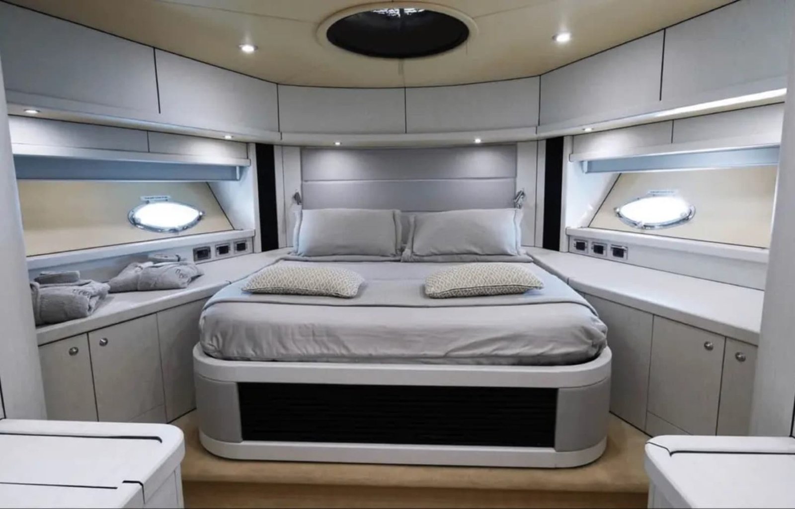 Guest stateroom on the 82' Sunseeker luxury yacht with modern design.