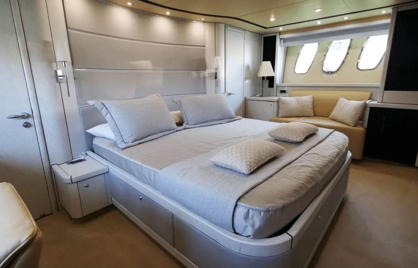 Spacious master suite aboard the 82' Sunseeker with luxury finishes.