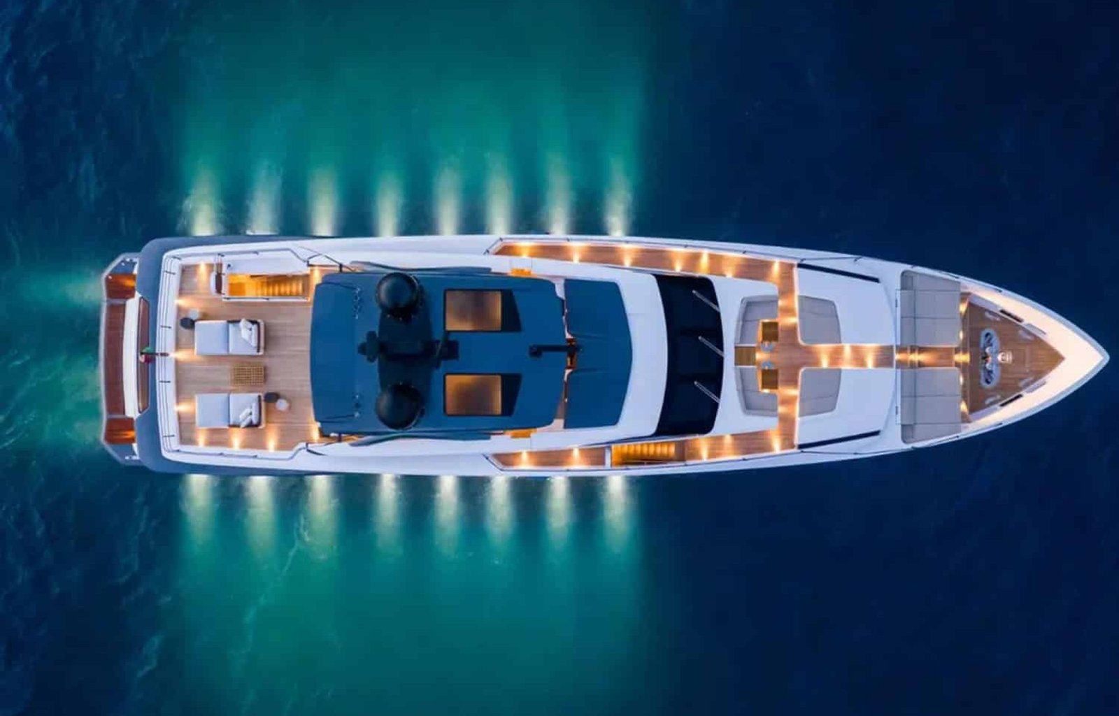 Aerial view of the 106' CUSTOM LINE yacht showcasing its sleek design.