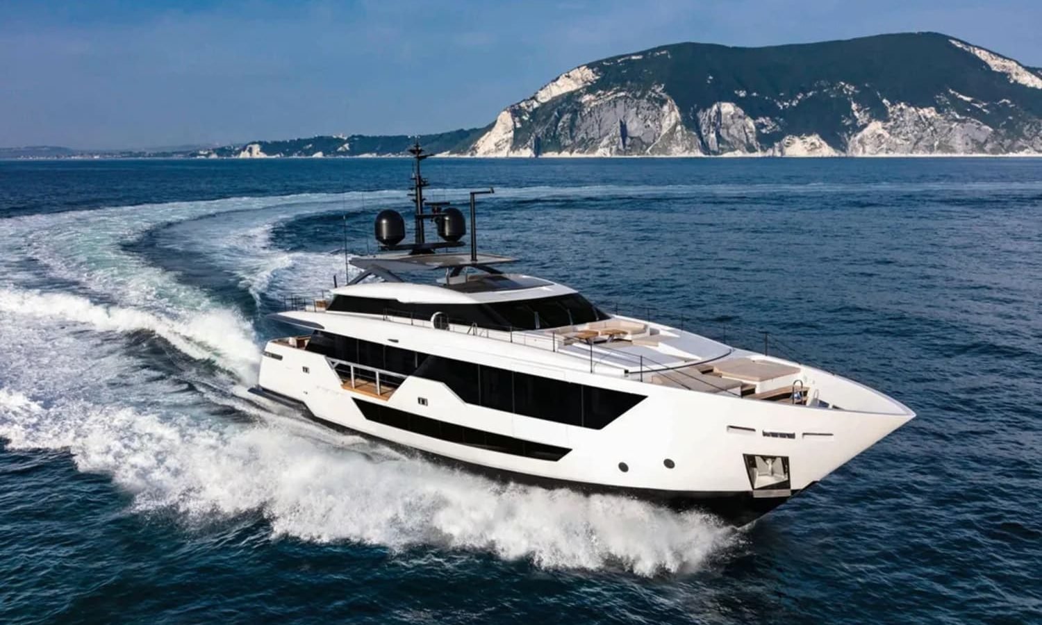 Exterior shot of the 106' CUSTOM LINE yacht, highlighting its luxurious profile.