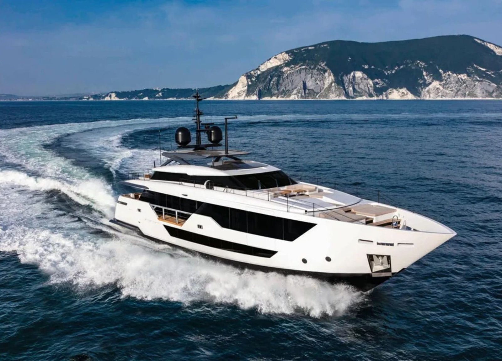 Exterior shot of the 106' CUSTOM LINE yacht, highlighting its luxurious profile.