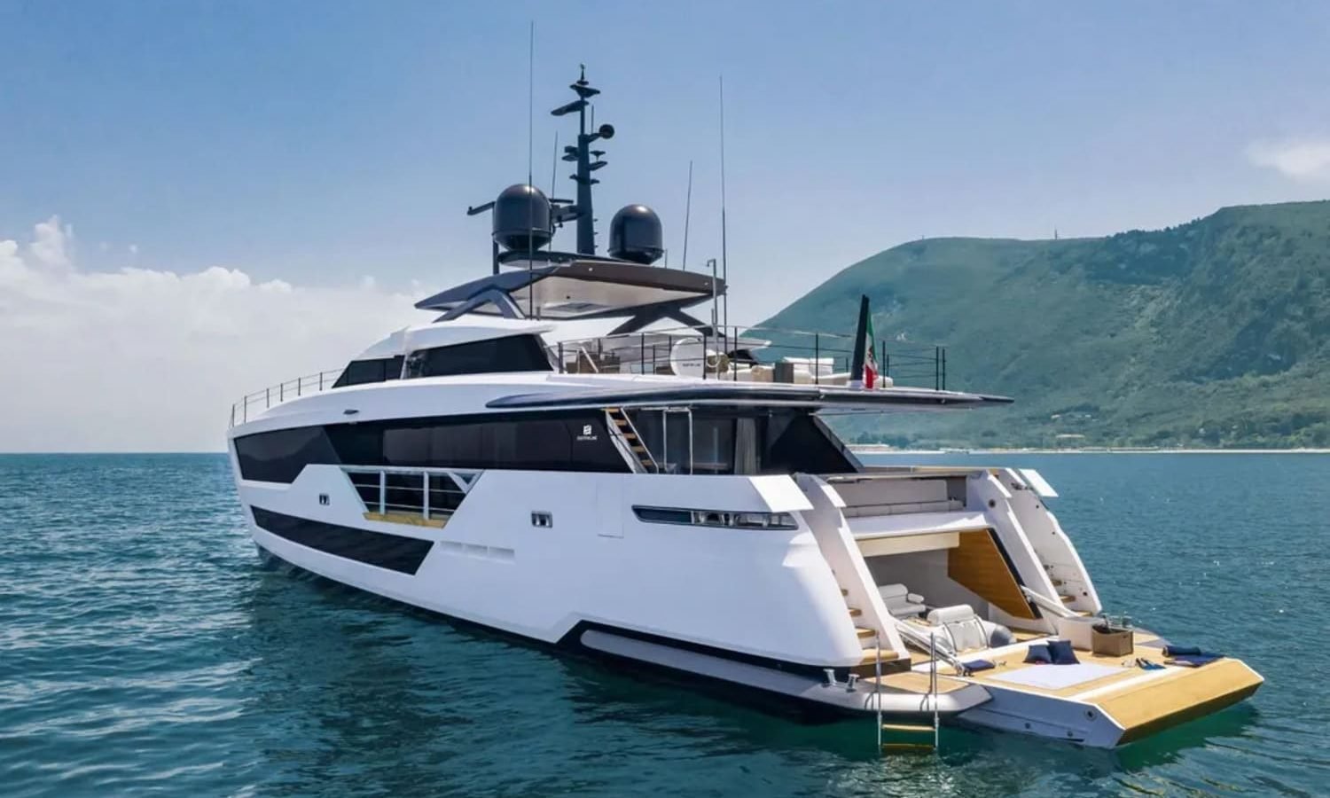 View of the 106' CUSTOM LINE yacht from a different angle, showcasing its modern design.