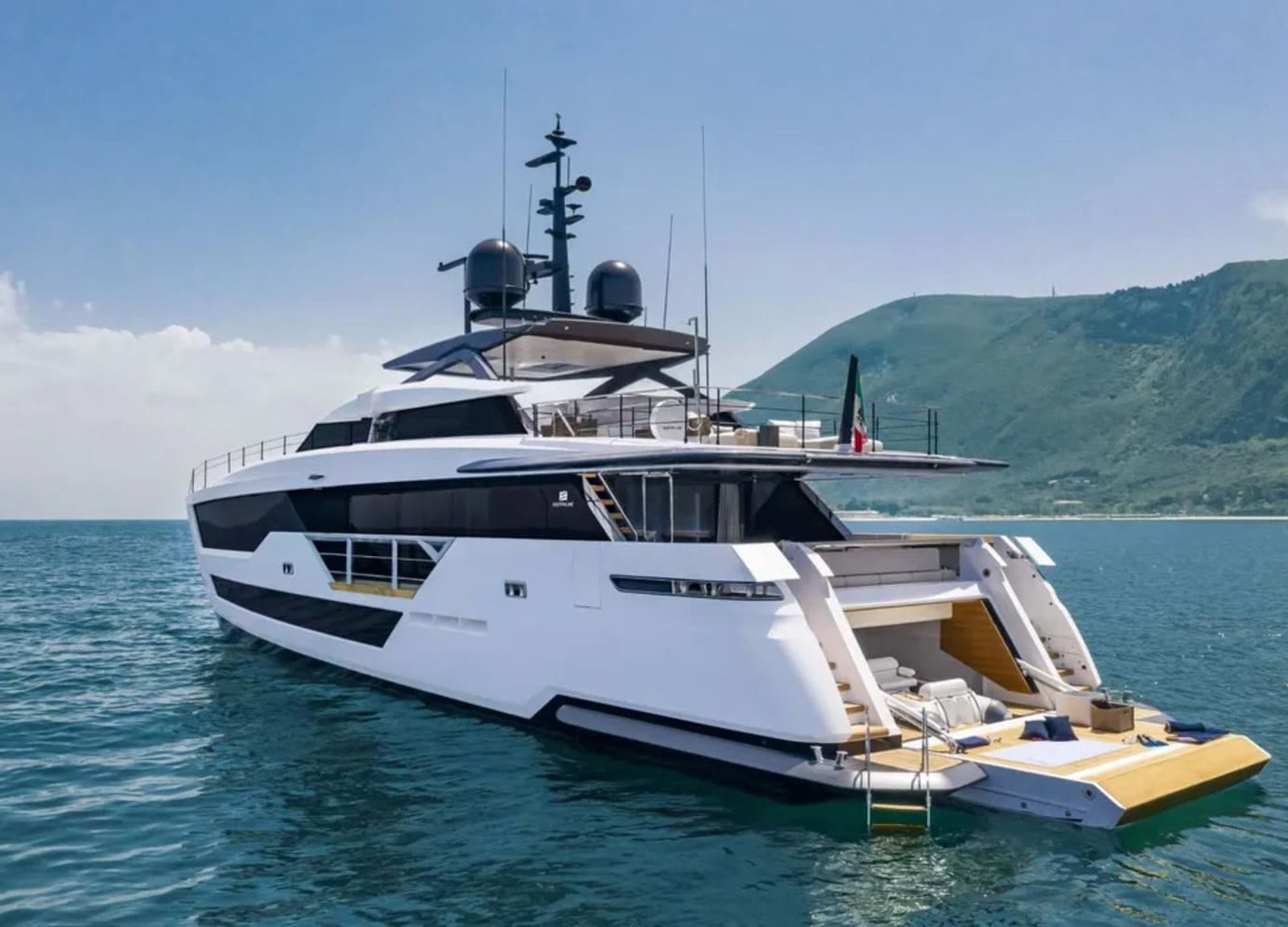 View of the 106' CUSTOM LINE yacht from a different angle, showcasing its modern design.