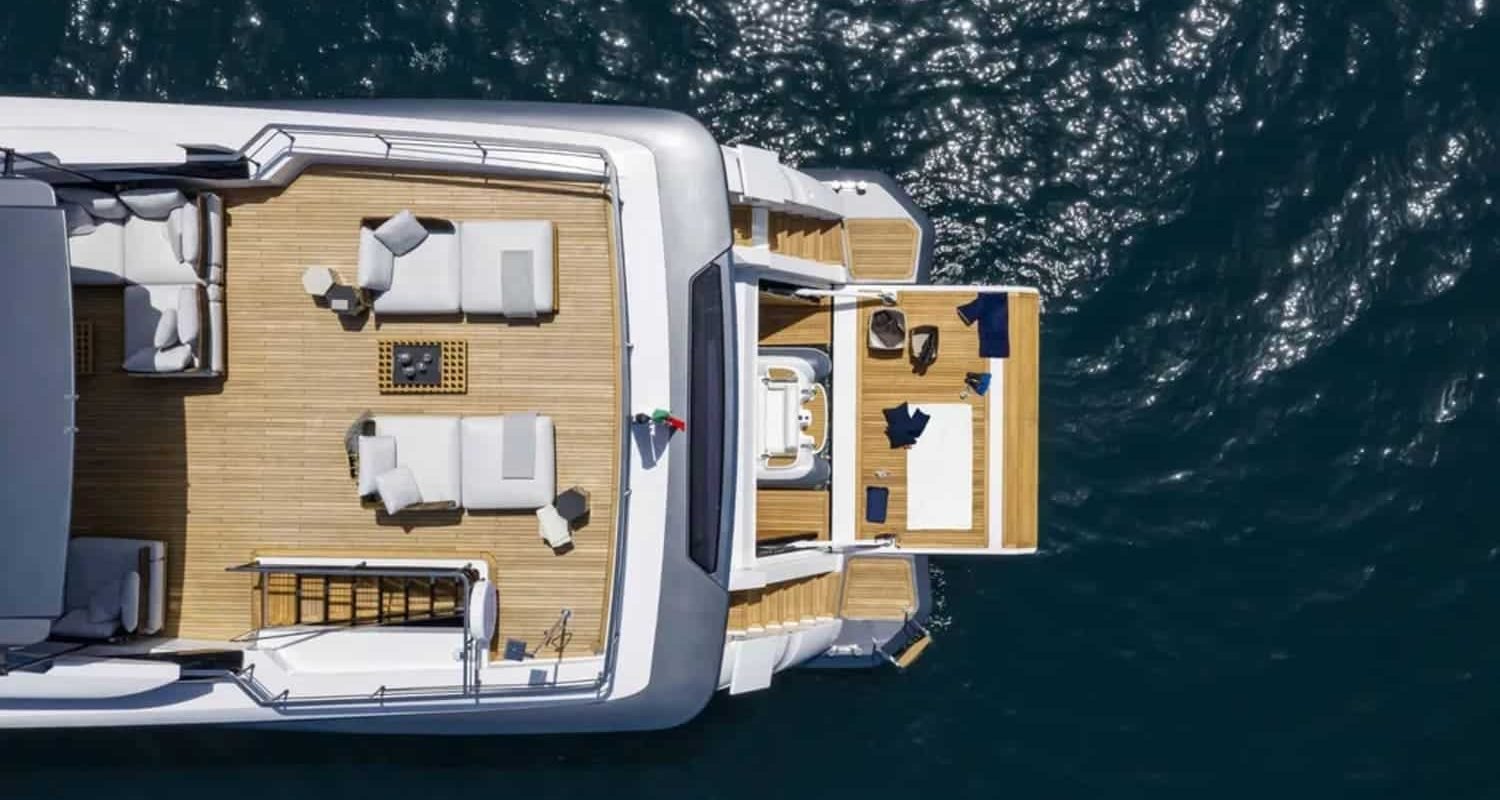 106′ CUSTOM LINE Yacht – Rear View Rear view of the 106' CUSTOM LINE yacht, highlighting its stunning back design.