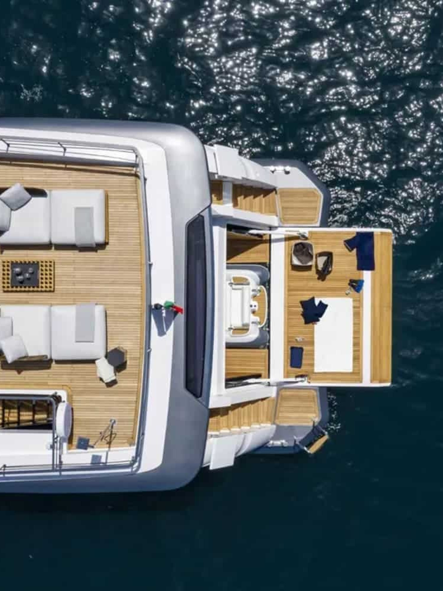 Rear view of the 106' CUSTOM LINE yacht, highlighting its stunning back design.