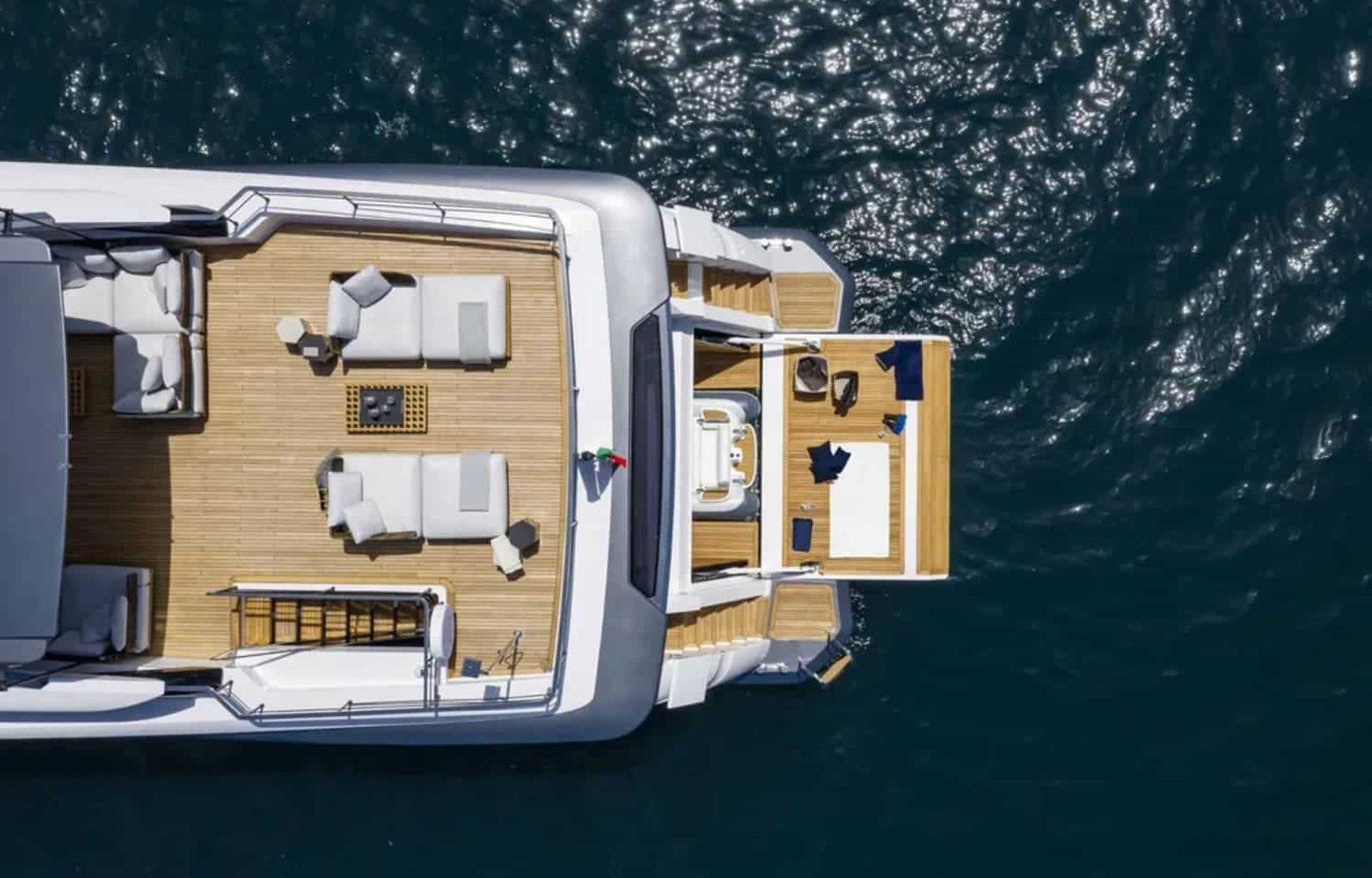 Rear view of the 106' CUSTOM LINE yacht, highlighting its stunning back design.