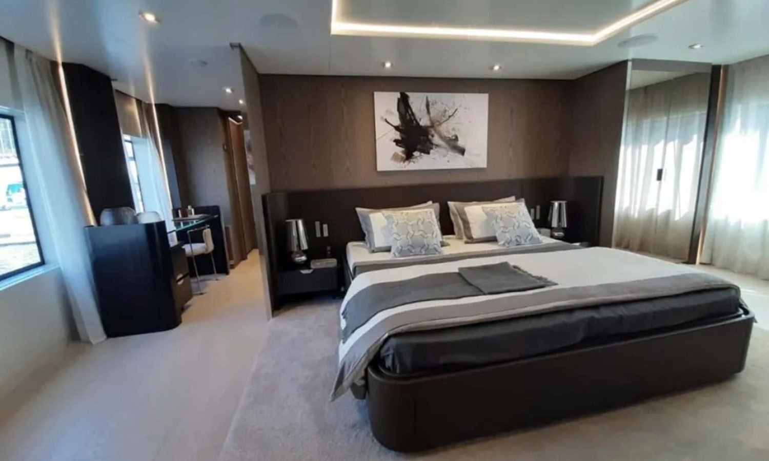 Master bedroom aboard the 106' CUSTOM LINE yacht, offering ultimate comfort and style.