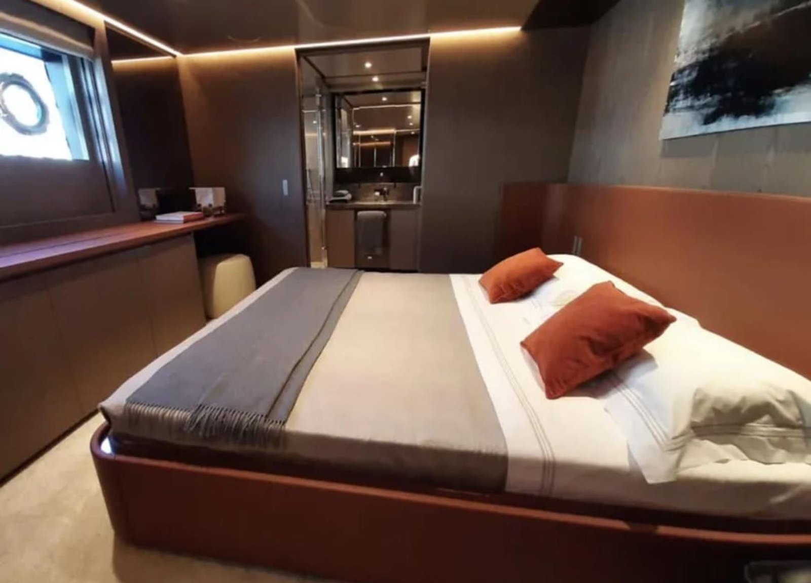 Guest bedroom on the 106' CUSTOM LINE yacht with elegant furnishings.