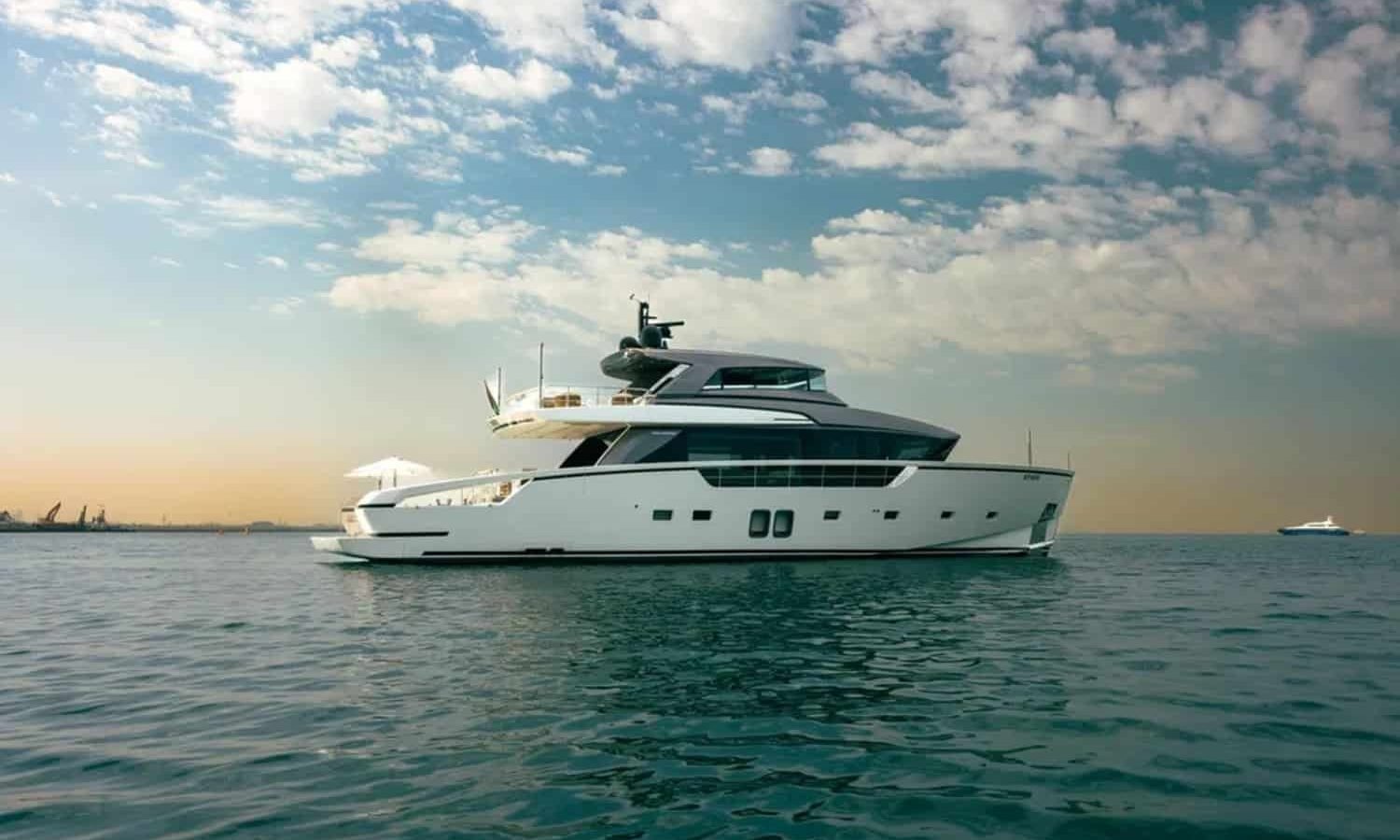 Luxury 88' Sanlorenzo yacht exterior, showcasing sleek design and spacious decks.