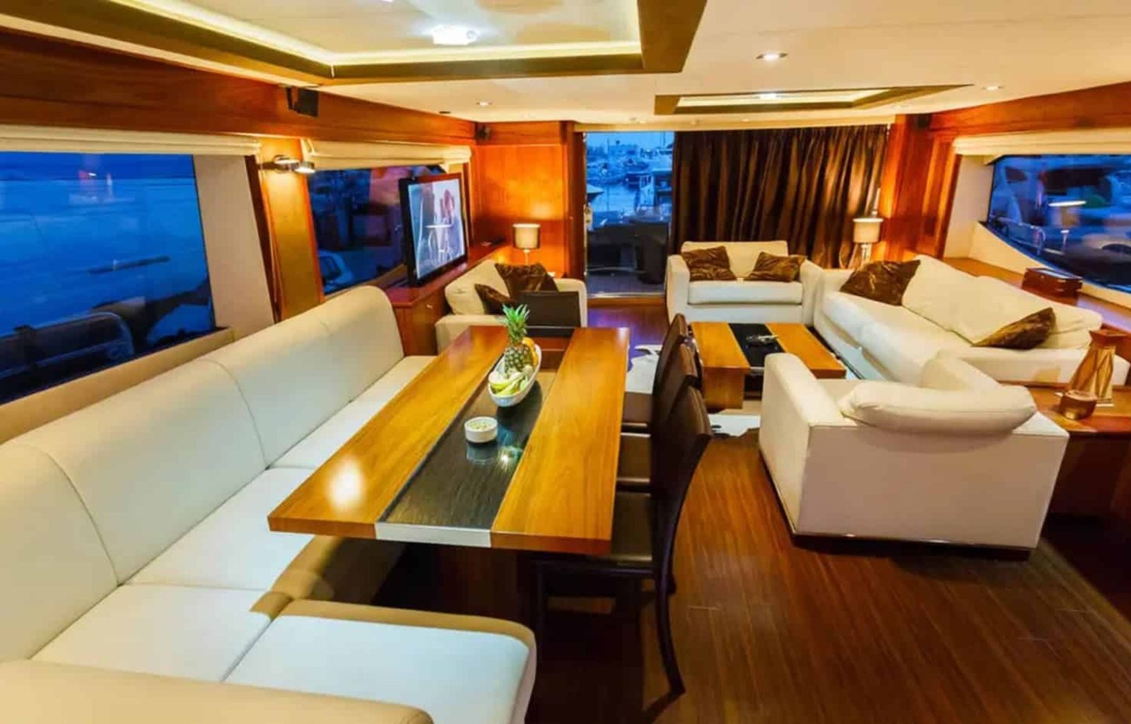 Beautifully designed interior of the yacht, featuring modern furnishings and an open layout.