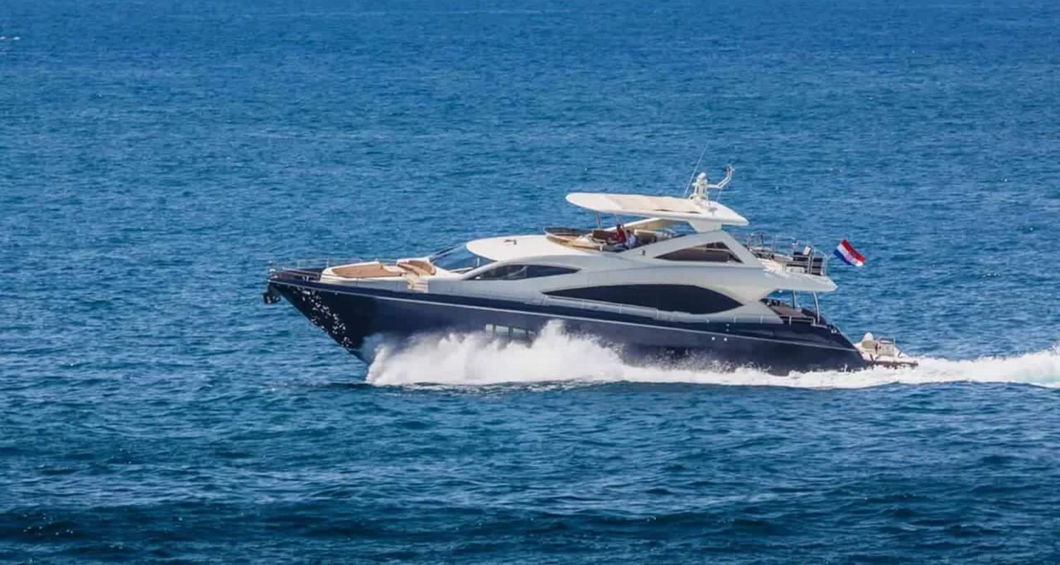 Side perspective of the yacht, highlighting its modern lines and spacious decks.