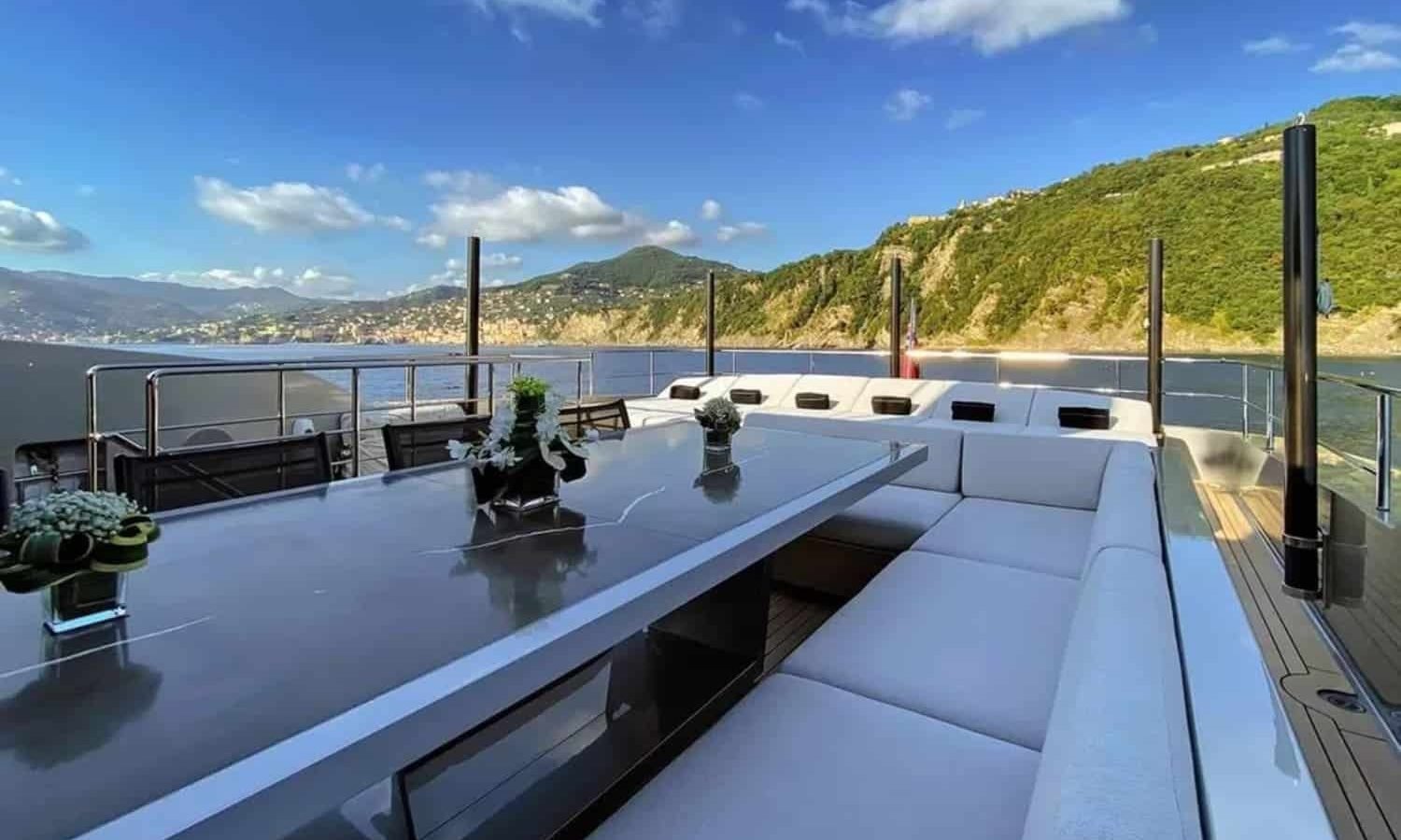 Aft view of the yacht showcasing its impressive structure and platform.