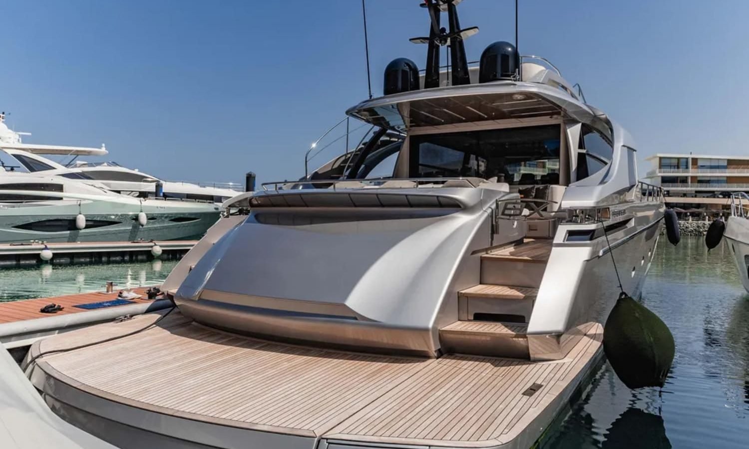 Side angle of the 84' Pershing luxury yacht