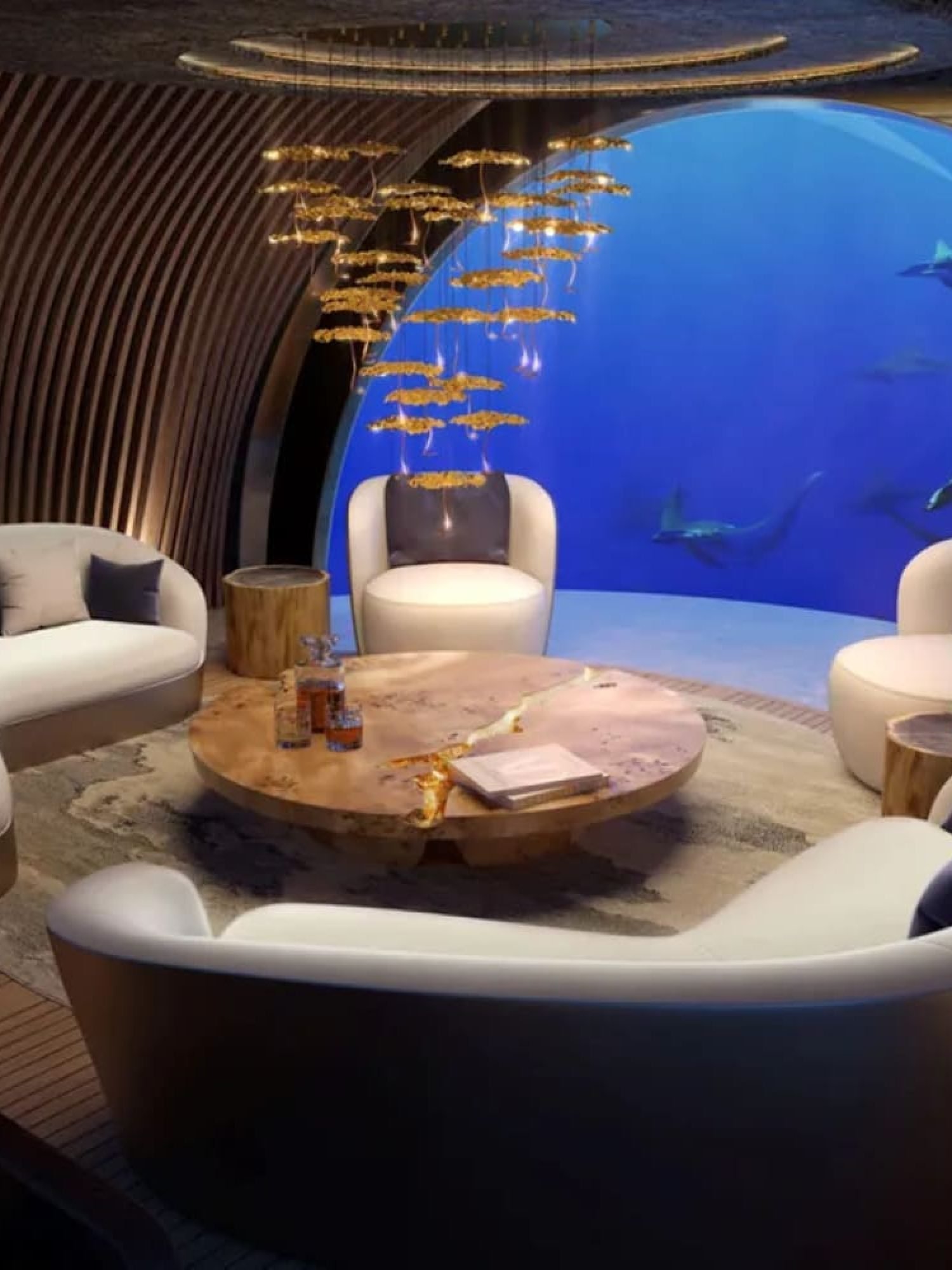 Elegant and innovative lounge area aboard the 138' NAUTILUS yacht, designed for luxury and comfort, available for sale