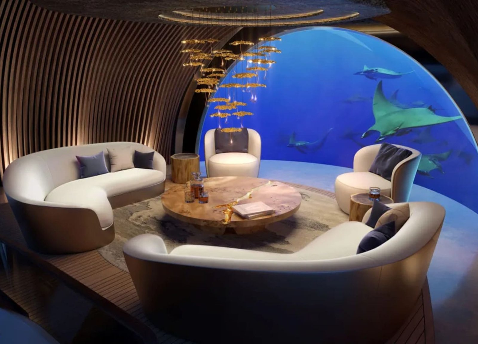 Elegant and innovative lounge area aboard the 138' NAUTILUS yacht, designed for luxury and comfort, available for sale