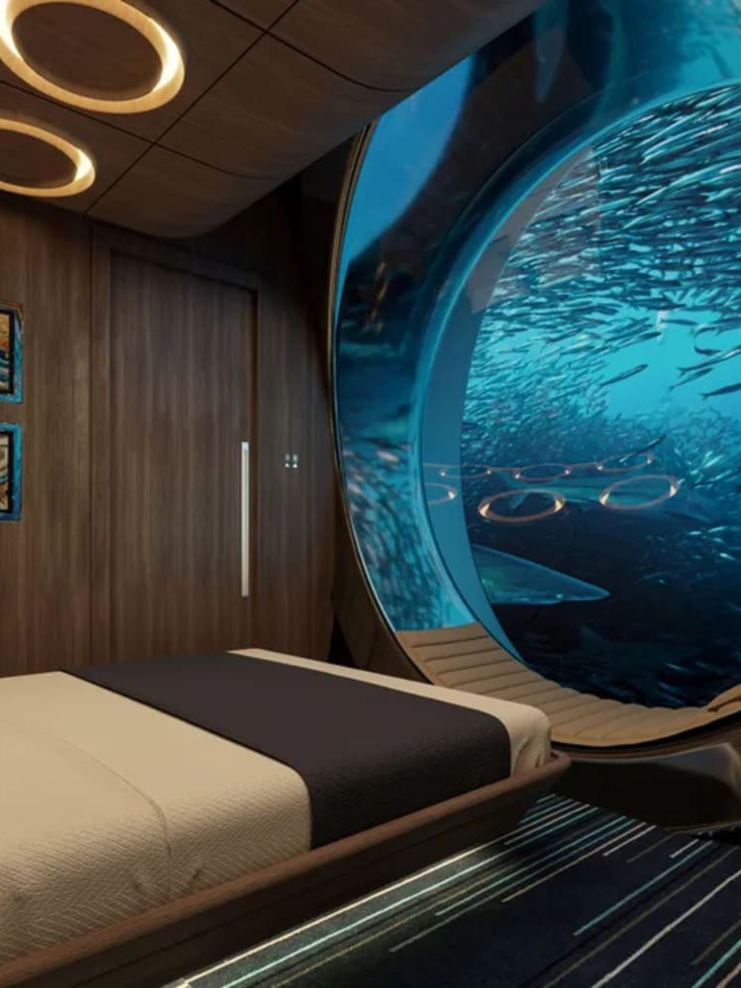 Elegantly designed bedroom aboard the 138' NAUTILUS yacht, perfect for relaxation and comfort, available for purchase