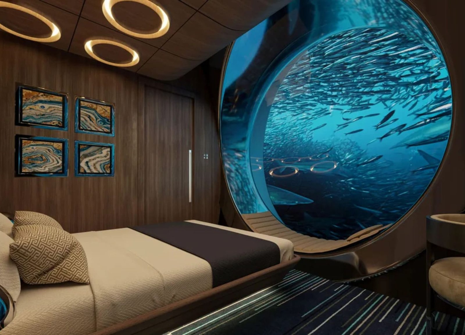 Elegantly designed bedroom aboard the 138' NAUTILUS yacht, perfect for relaxation and comfort, available for purchase