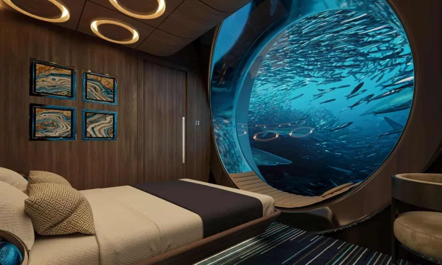 Elegantly designed bedroom aboard the 138' NAUTILUS yacht, perfect for relaxation and comfort, available for purchase