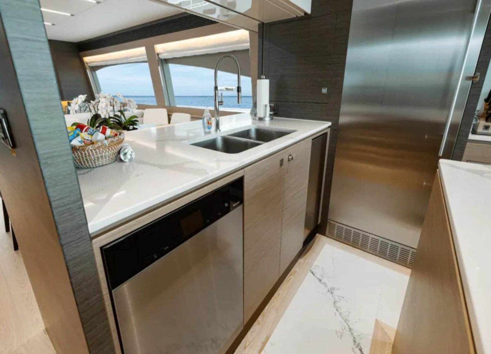 Cozy bedroom located on the lower deck of the 90' HORIZON yacht