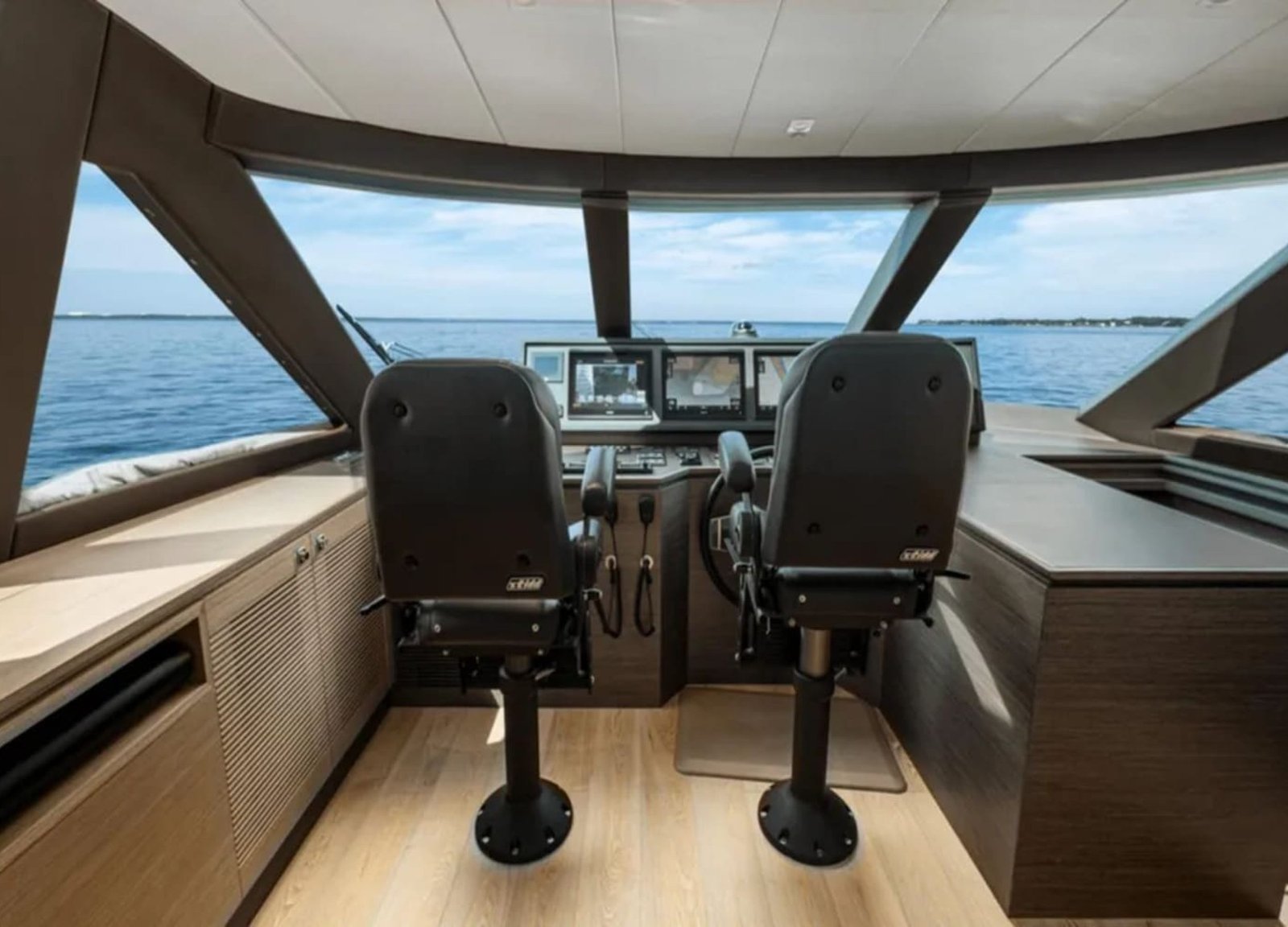 Detailed view of the control panel at the helm of the 90' HORIZON yacht