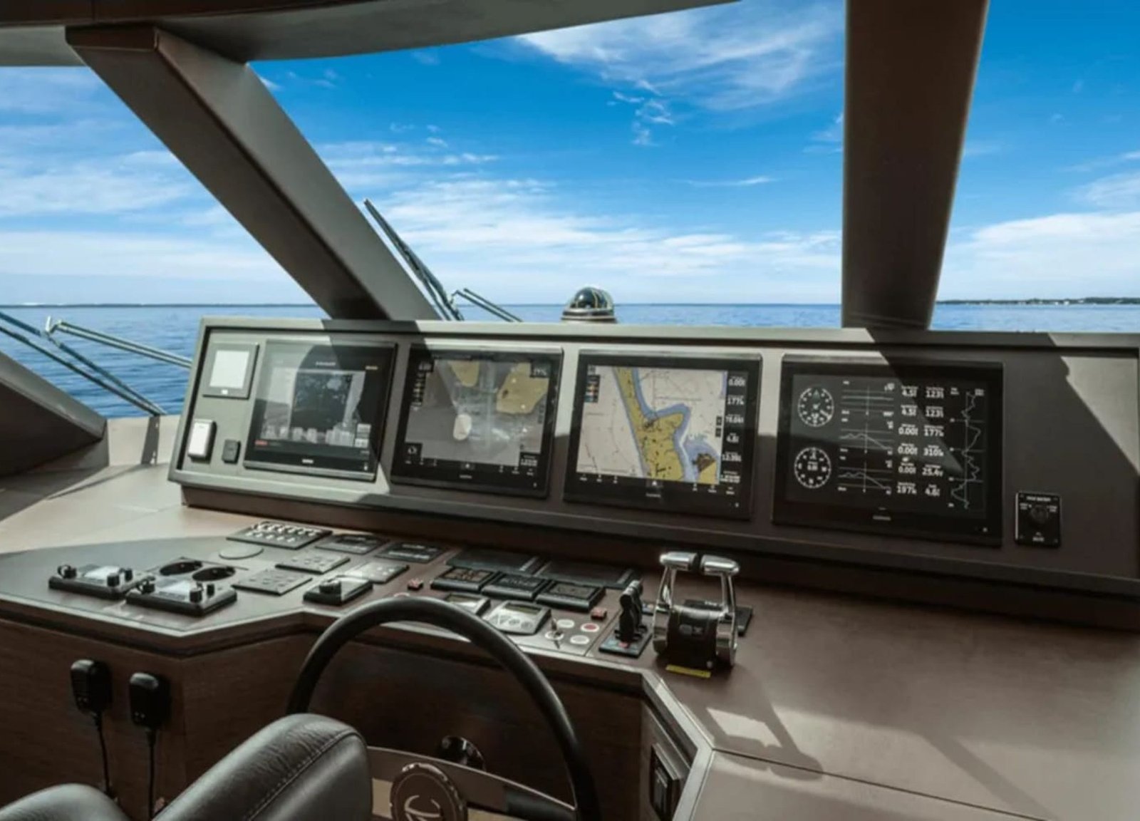 Advanced control panel with screens at the helm of the 90' HORIZON yacht