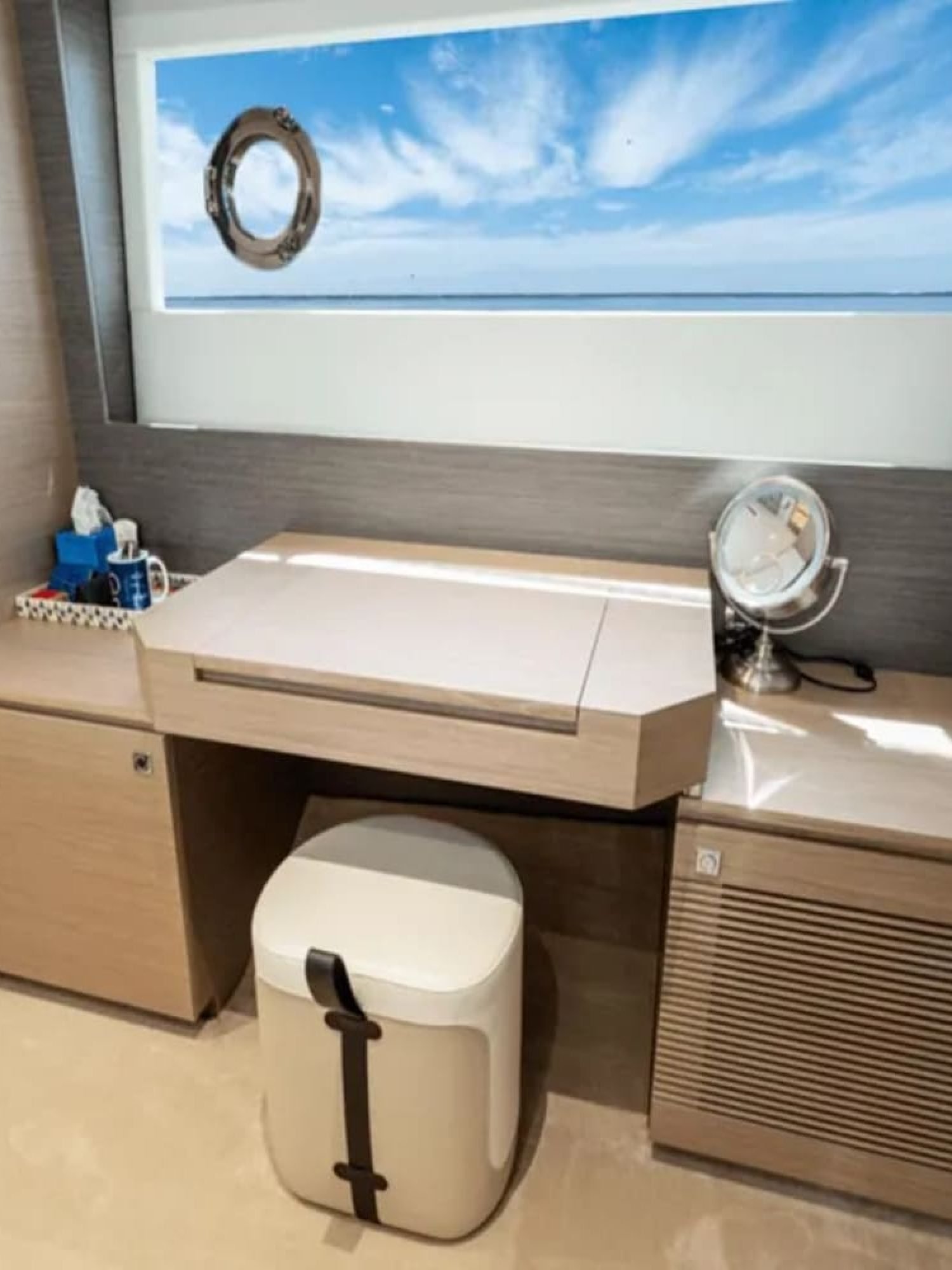 Elegant work desk in a stateroom on the 90' HORIZON yacht