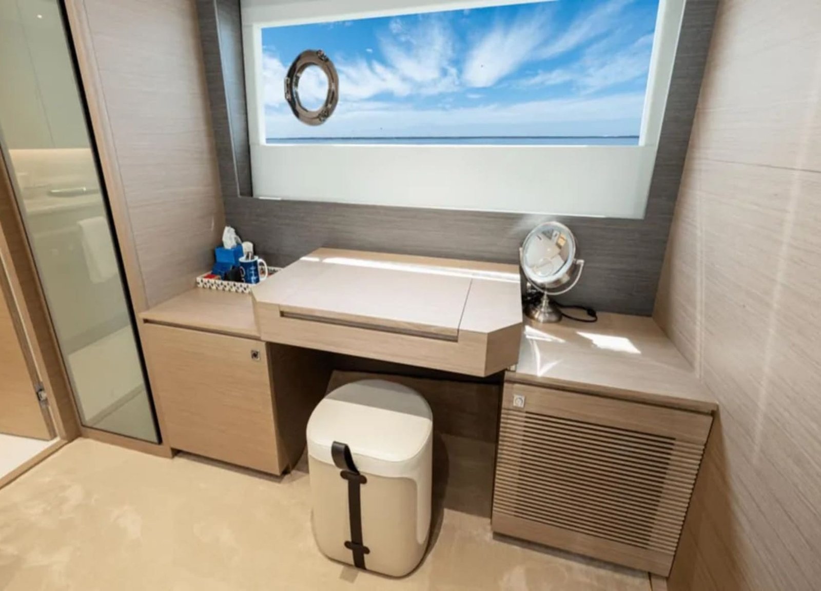 Elegant work desk in a stateroom on the 90' HORIZON yacht