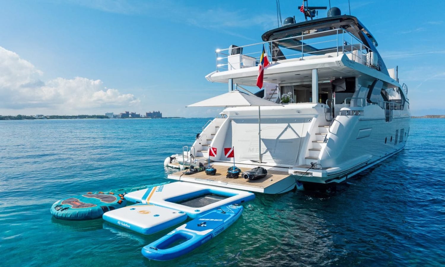 The 88' AZIMUT’s stern featuring aquatic toys ready for adventure and fun on the water