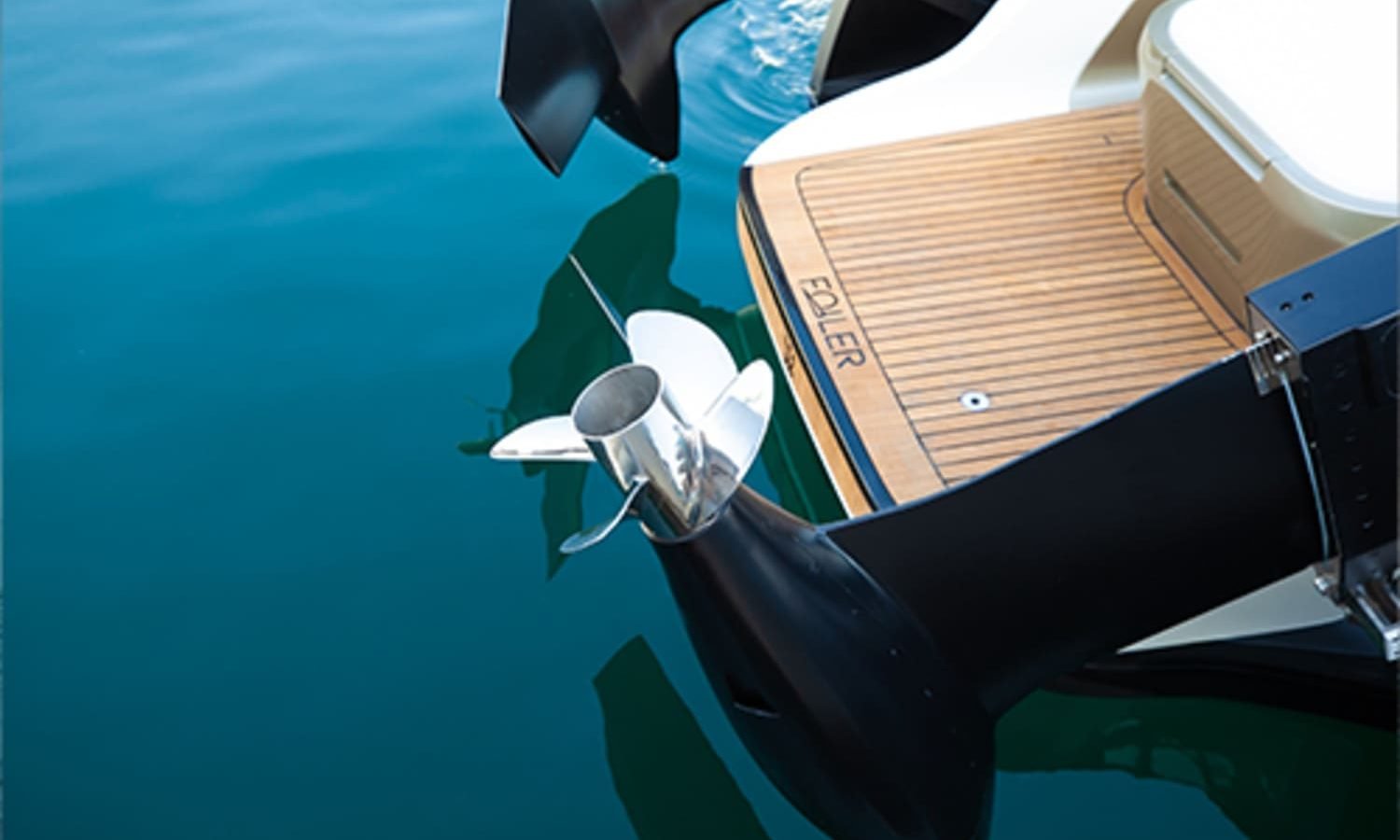 The 38' Flying Yacht for sale Close-up of the rear turbine of the Foiler yacht, demonstrating its advanced propulsion system.