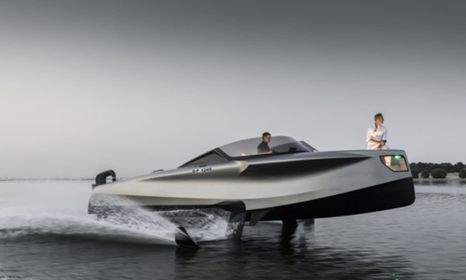 Front view of the Foiler – The Flying Yacht, showcasing its sleek and modern design.
