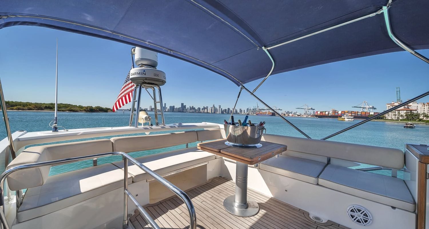 A spacious and open interior view of the 60' ABSOLUTE FLY yacht, highlighting its luxurious design.