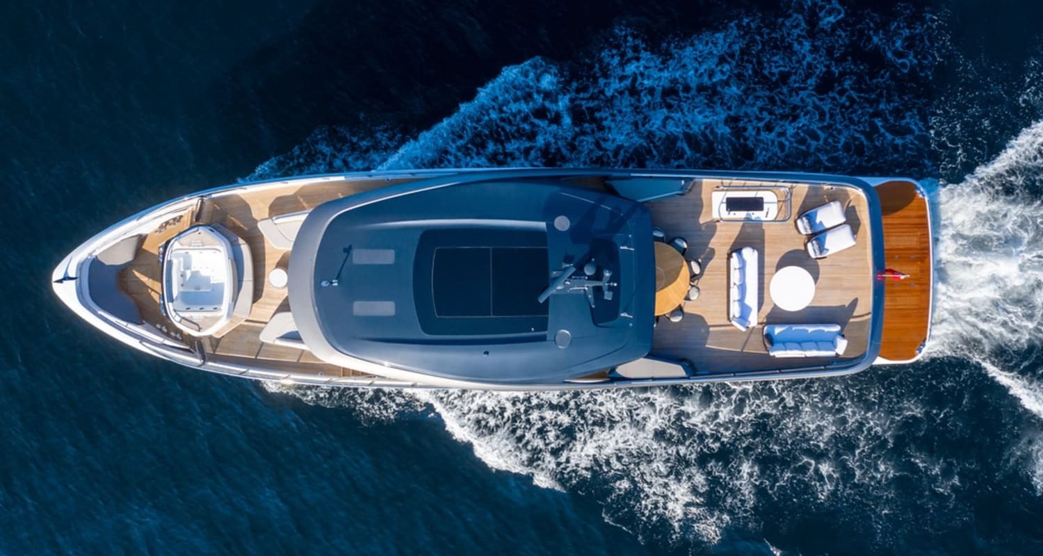 Stunning aerial view of the 100' PRINCESS X95 yacht displaying its sleek design.