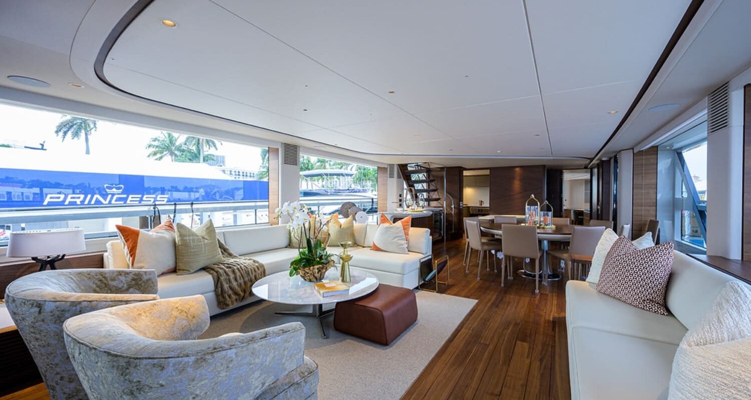 Luxurious and modern interior design of the 100' PRINCESS X95 yacht, with high-end finishes.