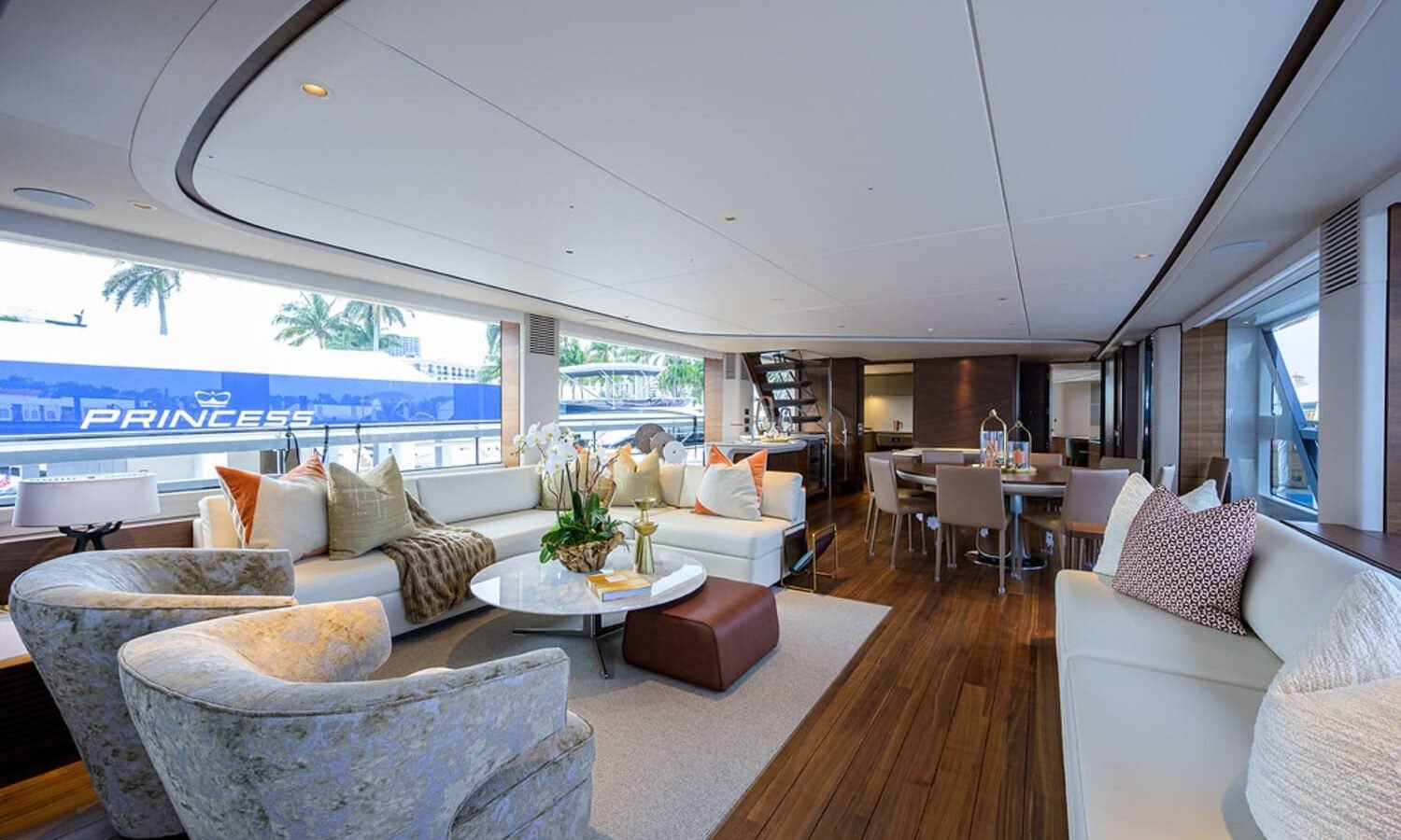 Luxurious and modern interior design of the 100' PRINCESS X95 yacht, with high-end finishes.