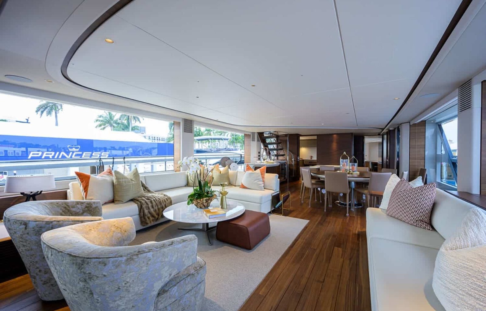 Luxurious and modern interior design of the 100' PRINCESS X95 yacht, with high-end finishes.
